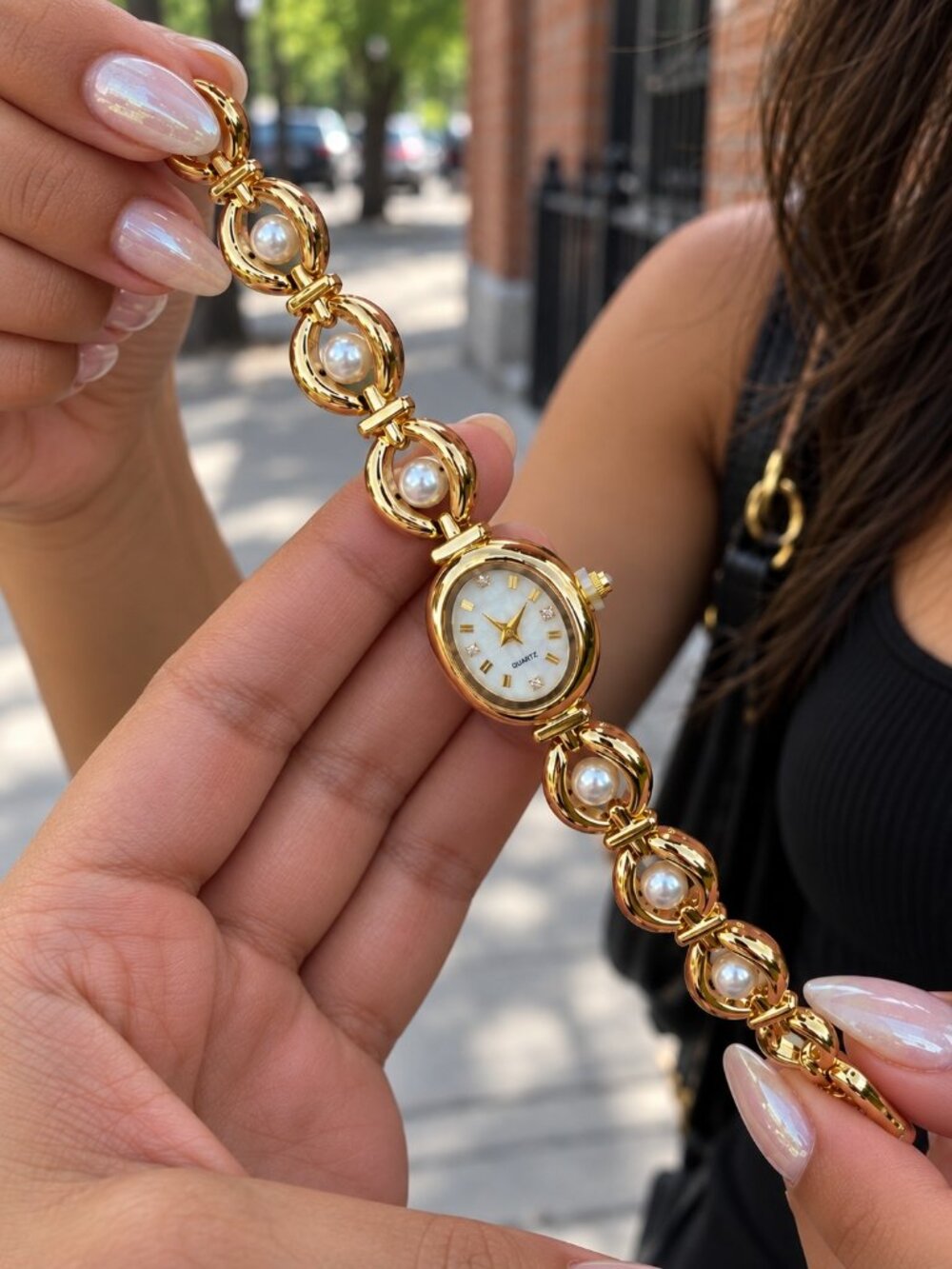 Gold Pearl Bracelet Oval Dial Watch Y2K Coquette Old Money OS